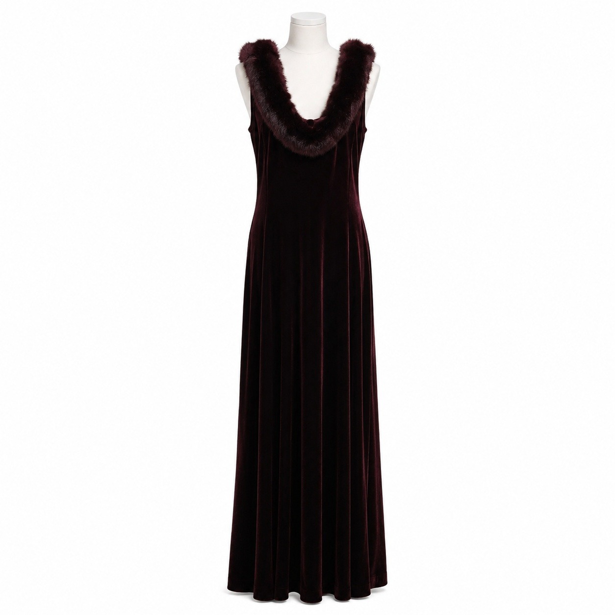 Vintage Y2k Goth Morticia Maroon Velvet Maxi Gown Dress Red Faux Fur Maxi Goth